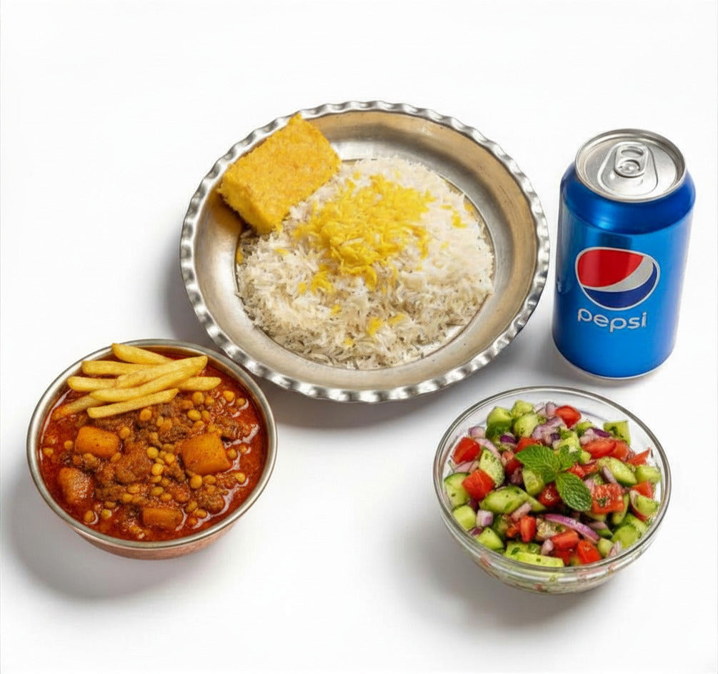 Gheymeh Sibzamini (Yellow Lentils Stew with French Fries and Rice) Combo