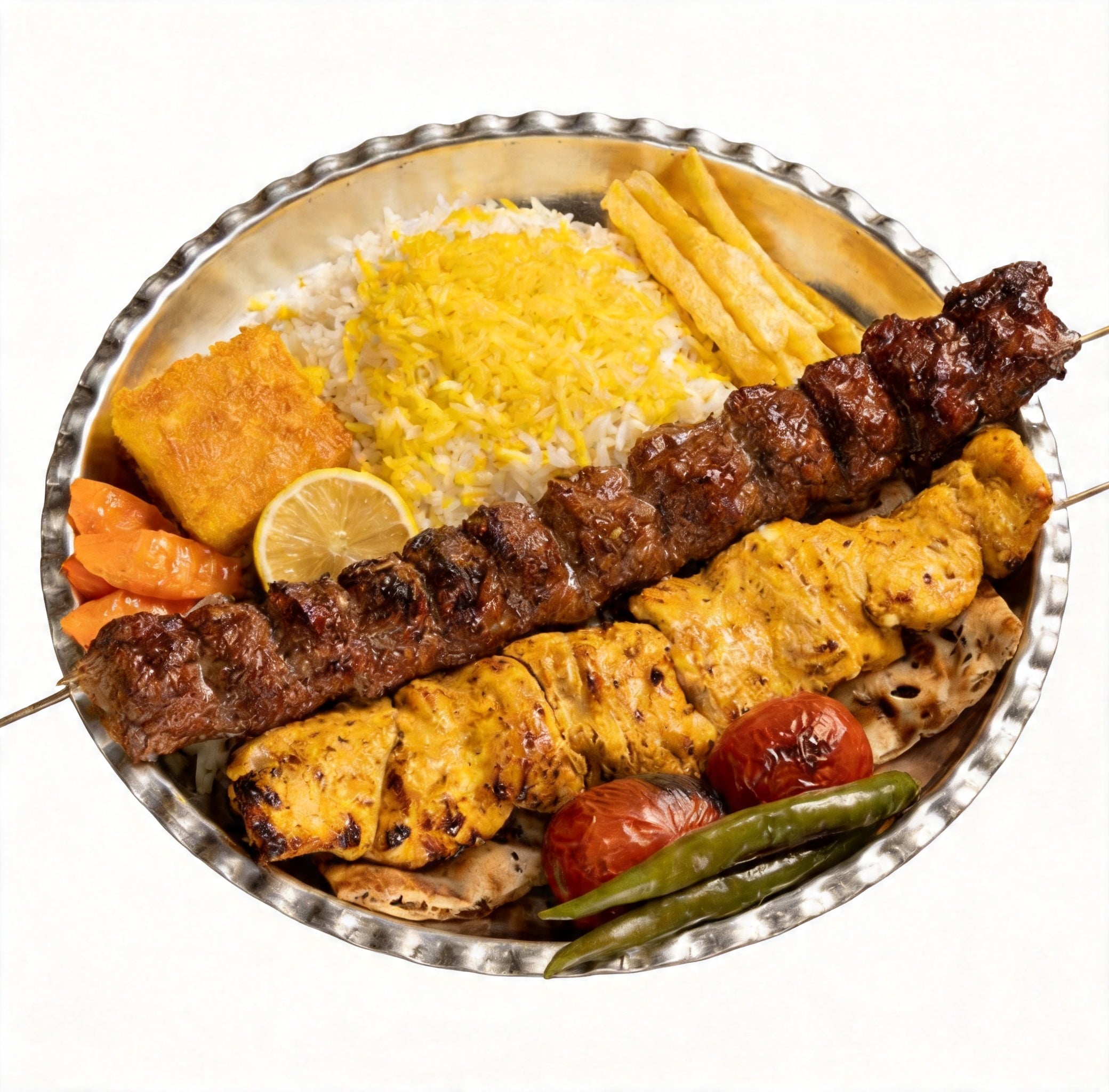 Chelo Vaziri (Mixed Of Minced Lamb and Chicken Kebabs with Rice)