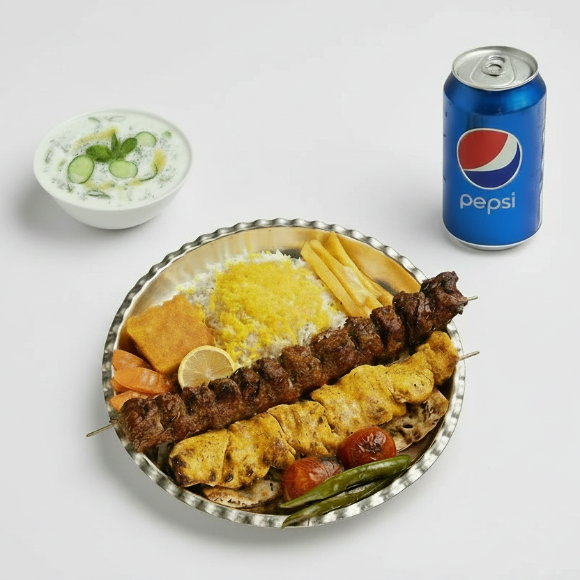 Chelo Vaziri (Mixed Of Minced Lamb and Chicken Kebabs with Rice) Combo