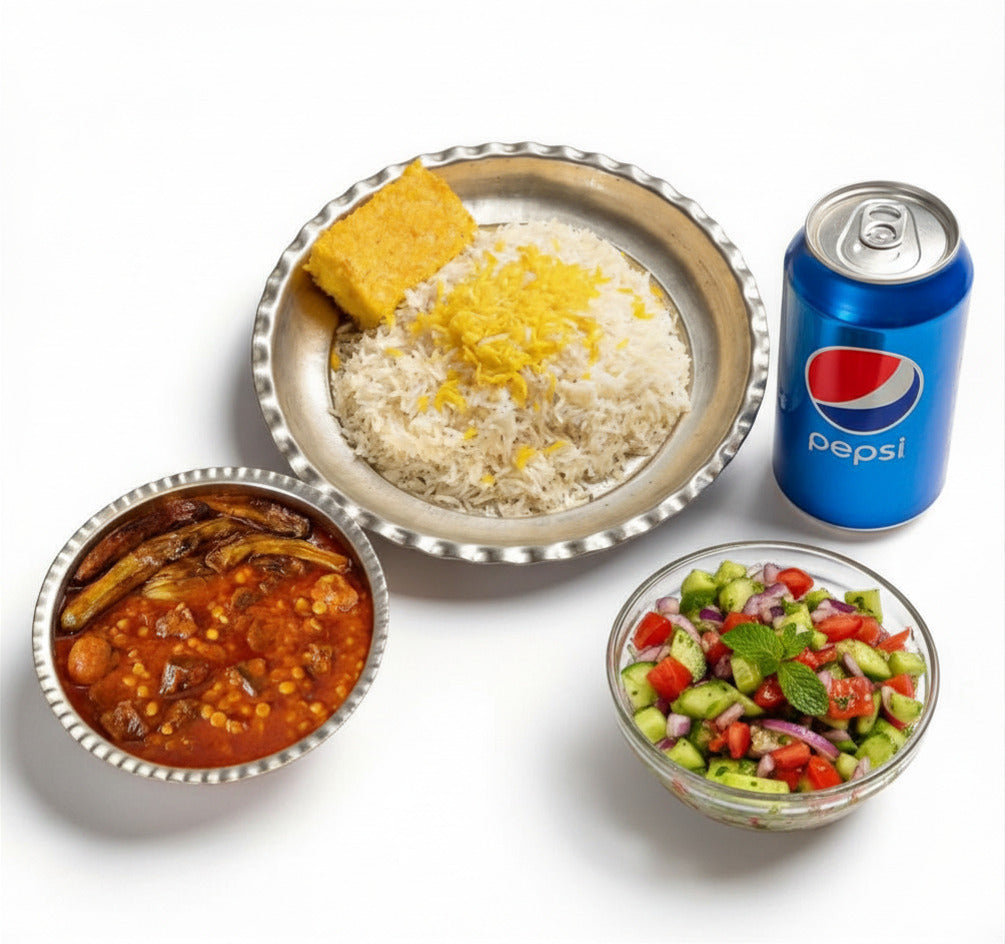 Gheymeh Bademjoon (Yellow Lentils Stew with Fried Eggplant and Rice) Combo